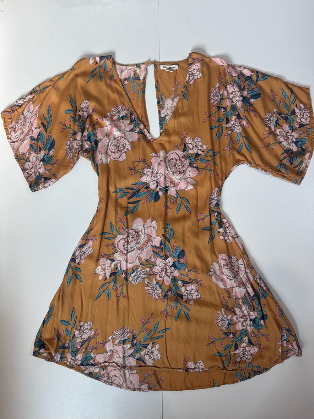BILLABONGFloral Mustard Fit-and-Flare Dress with Pink Bloom Print